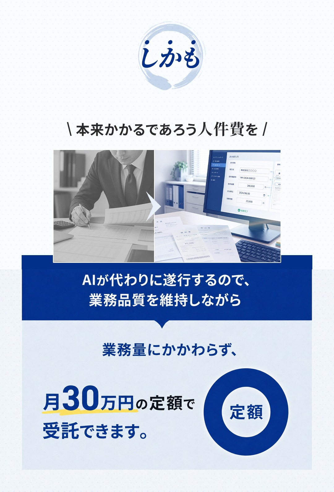 業務品質を維持しながら業務量にかかわらず月30万円の定額で受託できます