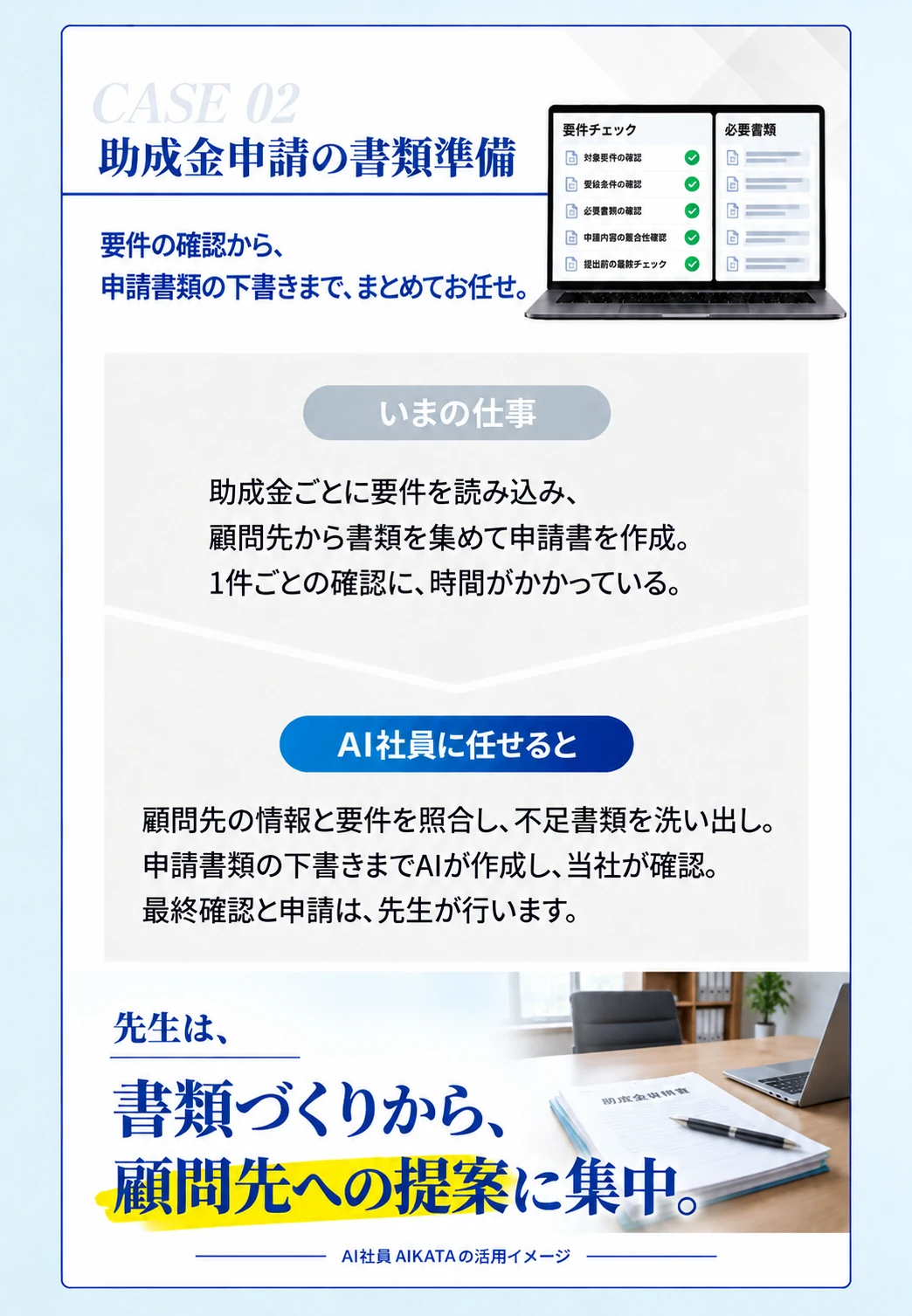 CASE02 助成金申請の書類準備 要件の確認から、申請書類の下書きまで、まとめてお任せ。