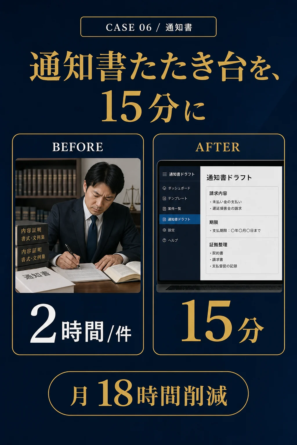 事例06: 通知書 - 通知書たたき台を、15分に