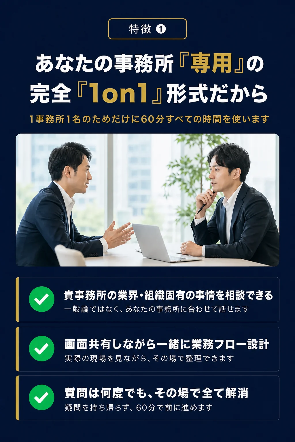 特徴01: 完全1on1形式だから、1事務所1名のためだけに60分すべての時間を使います