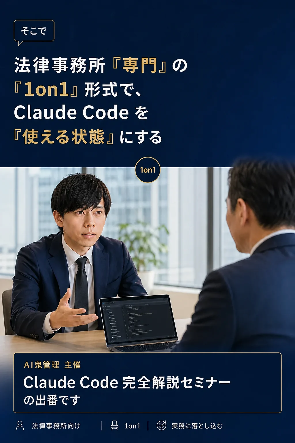 そこで: 法律事務所専門の1on1形式で、Claude Codeを「使える状態」にする — AI鬼管理主催 Claude Code完全解説セミナー