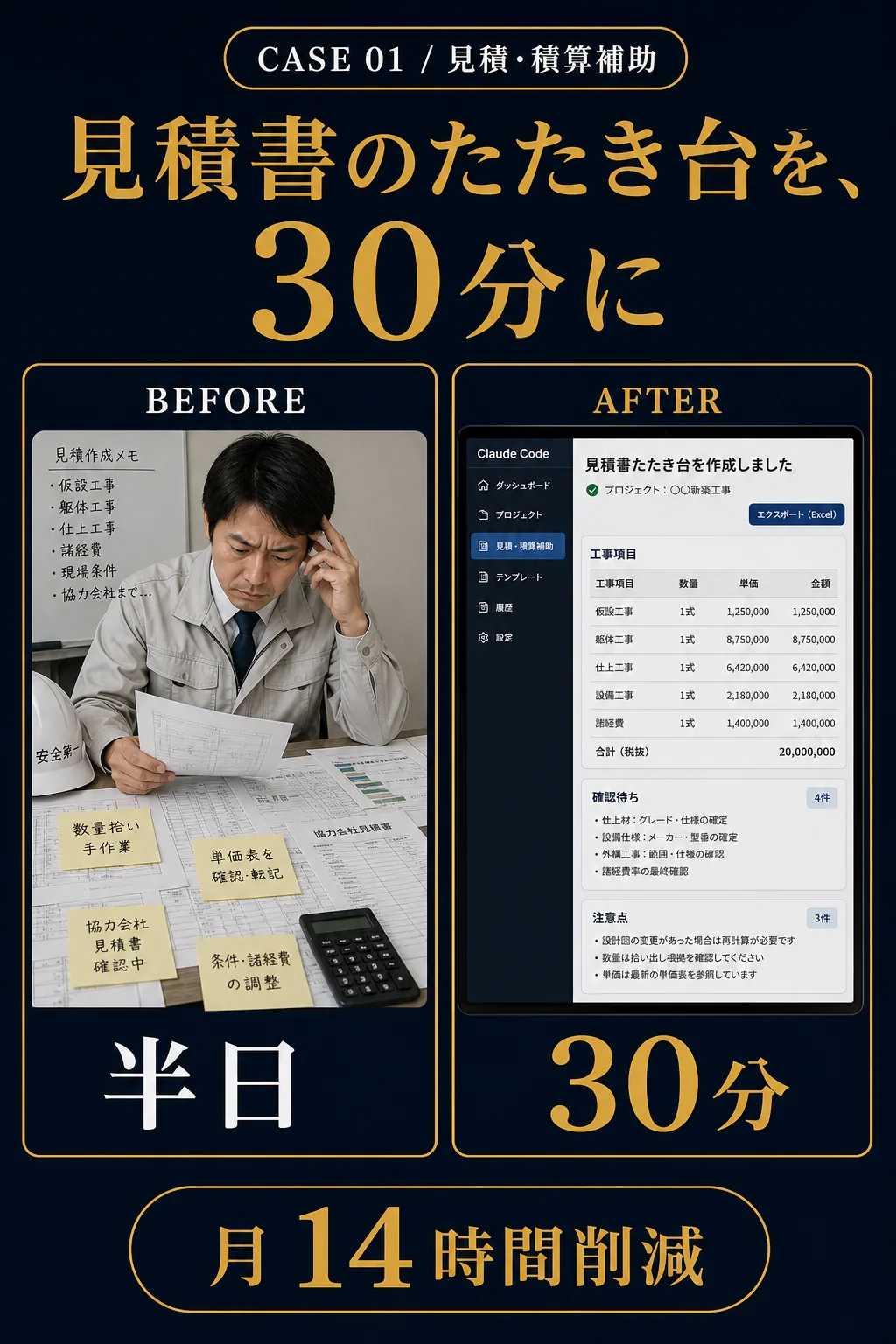 事例01: 見積・積算補助 - 見積書のたたき台を、30分に
