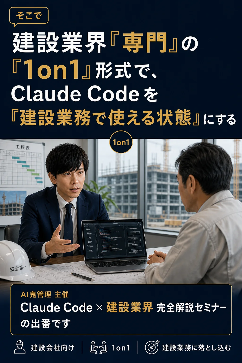 そこで: 建設業界専門の1on1形式で、Claude Codeを「使える状態」にする — AI鬼管理主催 Claude Code完全解説セミナー