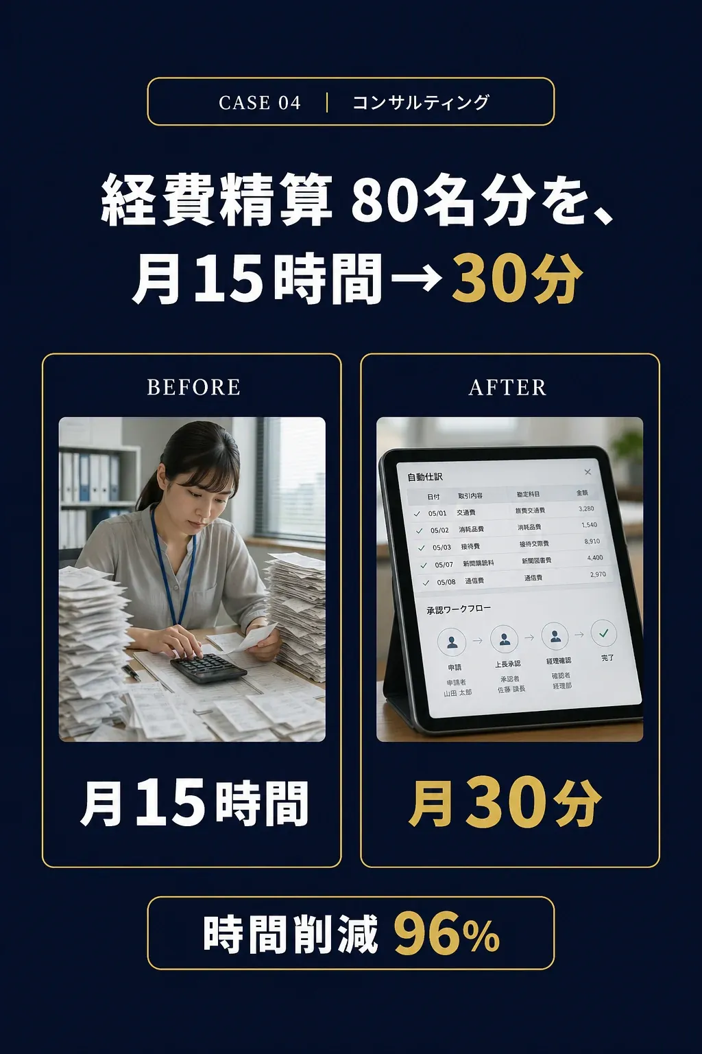 事例04: コンサルティング - 経費精算 80名分を、月15時間→30分に