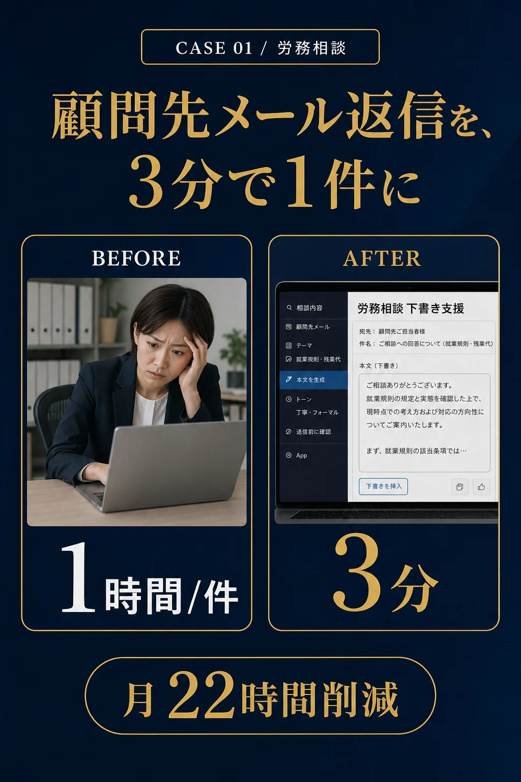 事例01: 労務相談 - 顧問先メール返信を、3分で1件に